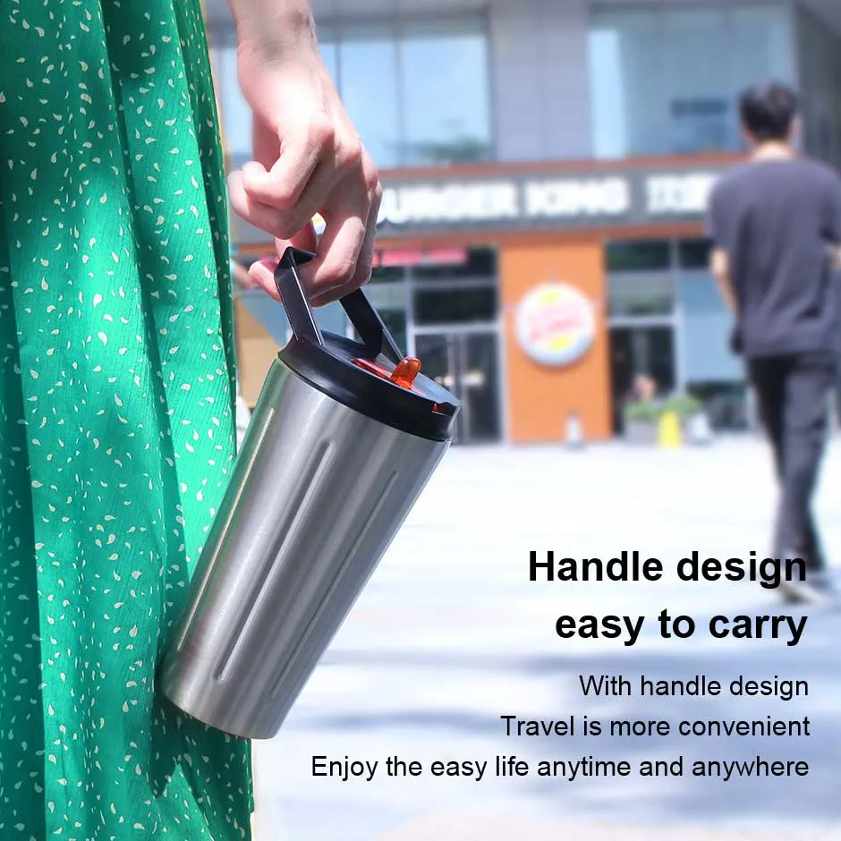 450ml Double Wall Vacuum Insulated Travel Tumbler with Straw Lid Handle 304 Stainless Steel Coffee Mug