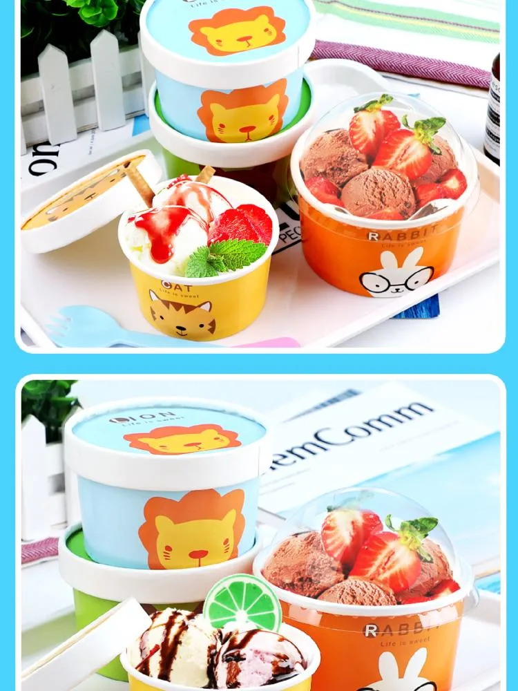 Eco-Friendly Print Plastic Free Ice Cream Paper Tub Cup Pint with Spoon Lid Leak Proof