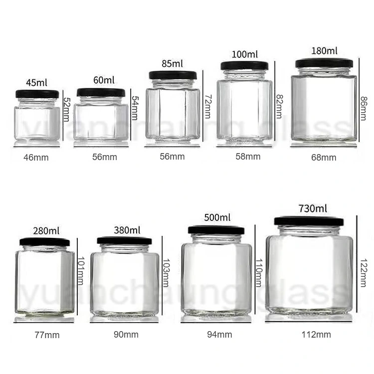 45ml 60ml 85ml 100ml 180ml 280ml 380ml 500ml 730ml Empty Hexagonal Cryatal Food Grade Custom Glass Food Honey Jam Jar in Bulk